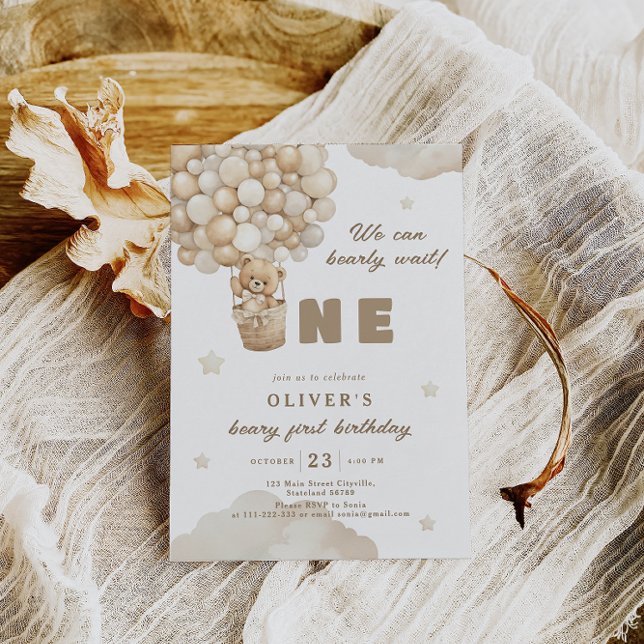 We Can Bearly Wait Bear Balloon First Birthday Invitation (Creator Uploaded)