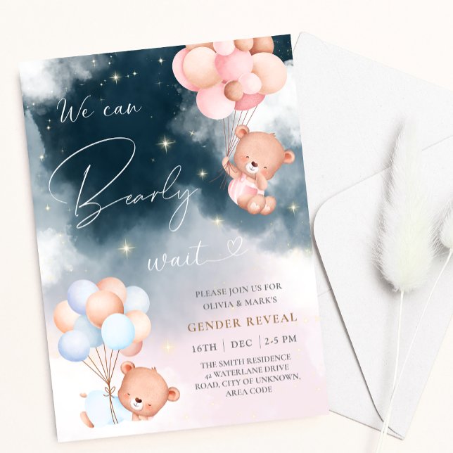 We Can Bearly Wait Bear Balloons Gender Reveal Invitation (Creator Uploaded)