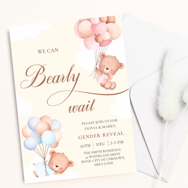We Can Bearly Wait Bear Balloons Gender Reveal  Invitation (Creator Uploaded)