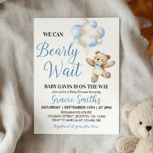 We Can Bearly Wait Bear Blue Balloon Baby Shower Invitation