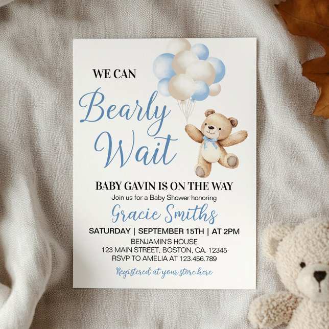 We Can Bearly Wait Bear Blue Balloon Baby Shower Invitation (Creator Uploaded)