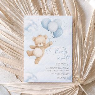 We can Bearly Wait! Bear Blue Balloon Baby Shower Invitation