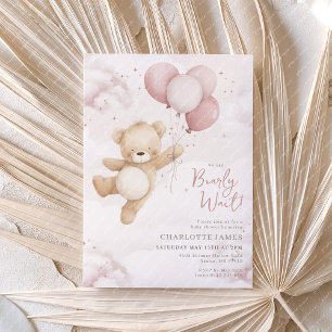We can Bearly Wait! Bear Pink Balloon Baby Shower Invitation