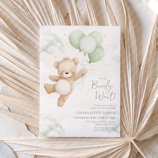 We can Bearly Wait! Bear Sage Balloon Baby Shower Invitation (We can Bearly Wait! Baby Shower invitation with bear and sage green balloons)