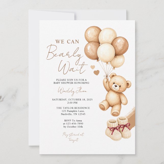 We Can Bearly Wait Bear With Baloon Baby Shower Invitation (Front)