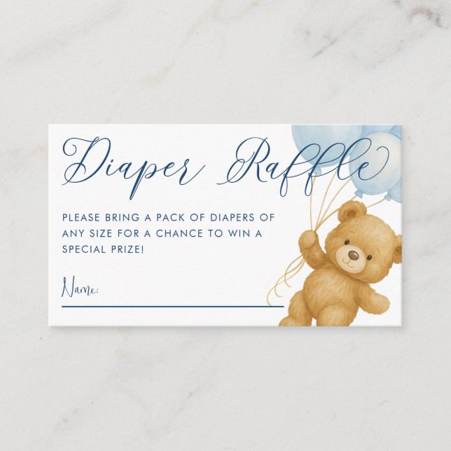 We Can Bearly Wait Blue Baby Shower Diaper Raffle Enclosure Card (Front)