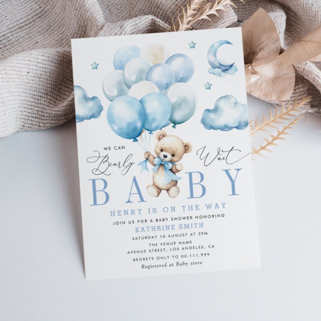 We Can Bearly Wait Blue Baby Shower Invitation (Creator Uploaded)