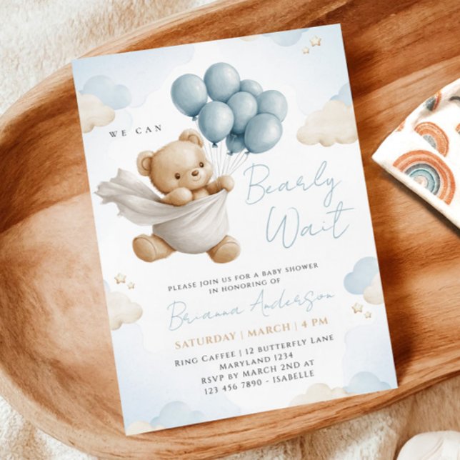 We Can Bearly Wait Blue Baby Shower Invitation (Creator Uploaded)