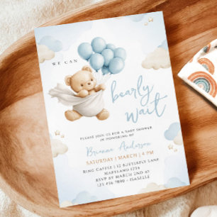 We Can Bearly Wait Blue Baby Shower Invitation