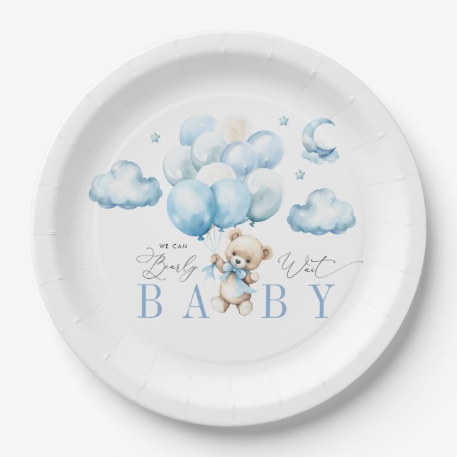 We Can Bearly Wait Blue Baby Shower Paper Plate (Front)