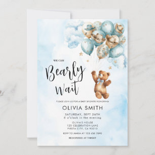 We Can Bearly Wait Blue Balloon Bear Baby Shower  Invitation