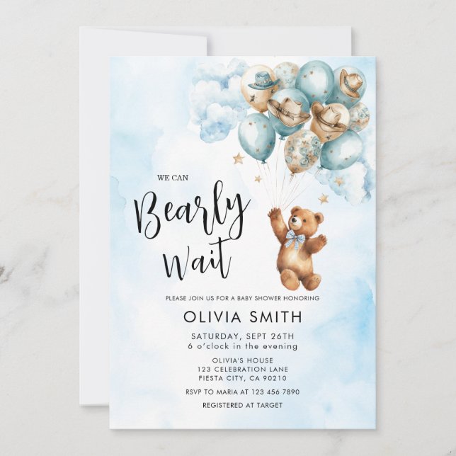 We Can Bearly Wait Blue Balloon Bear Baby Shower  Invitation (Front)