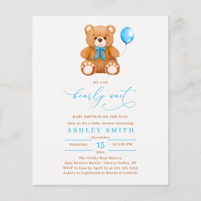 We Can Bearly Wait Blue Balloon Boy Baby Shower (Front)