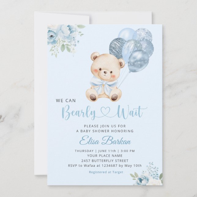 We Can Bearly Wait Blue Balloon Boy Baby Shower  Invitation (Front)