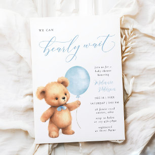 We Can Bearly Wait Blue Balloon Boy Baby Shower Invitation