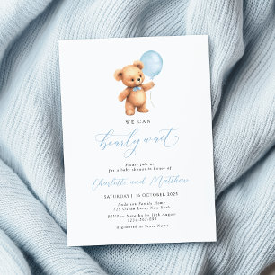 We Can Bearly Wait Blue Balloon Boy Baby Shower Invitation