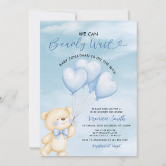We can bearly wait Blue balloon Boy baby shower Invitation