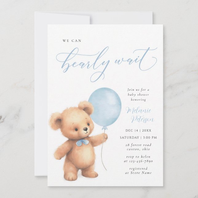 We Can Bearly Wait Blue Balloon Boy Invitation (Front)
