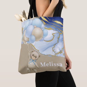 We can bearly wait blue balloon personalise tote bag