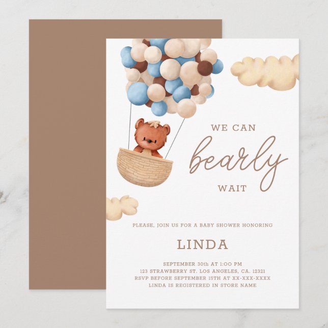 We Can Bearly Wait Blue Balloons Baby Shower Invitation (Front/Back)