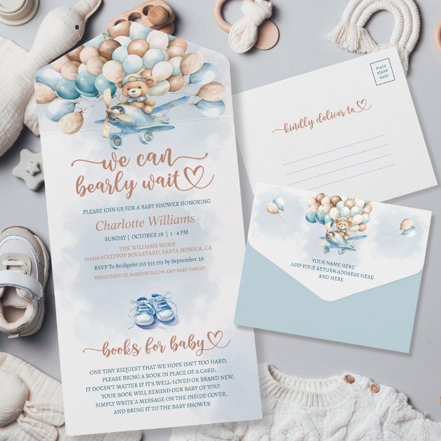 We Can Bearly Wait Blue Balloons Teddy Bear All In One Invitation (We can bearly wait with a perforated diaper raffle card, baby shower invitation, blue balloons)