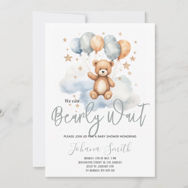 We can Bearly wait Blue Bear Baby Shower Invitation (Front)