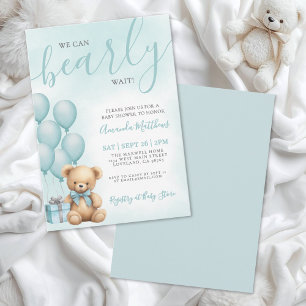 We Can Bearly Wait Blue Bear Baby Shower Invitation