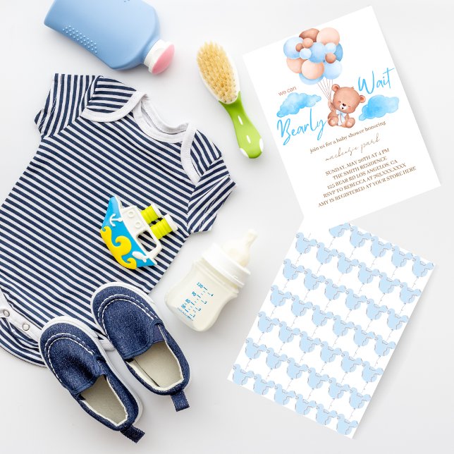 We Can Bearly Wait Blue Bear Baby Shower  Invitation (Creator Uploaded)