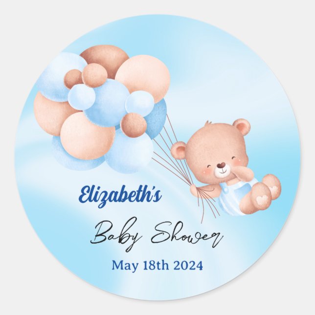 We Can Bearly Wait Blue Beige Boy Baby Shower Classic Round Sticker (Front)