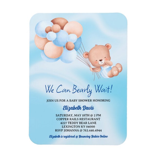 We Can Bearly Wait Blue Beige Boy Baby Shower  Magnet (Vertical)