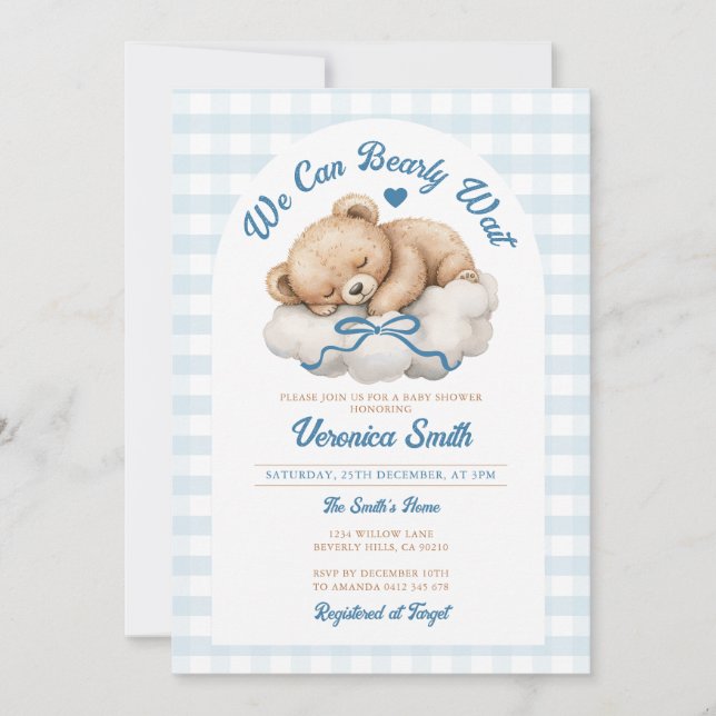 We can bearly wait Blue Bow Bear Boy Baby Shower Invitation (Front)