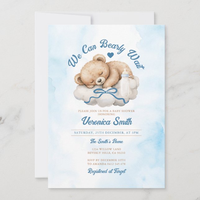 We can bearly wait Blue Bow Bear Boy Baby Shower Invitation (Front)