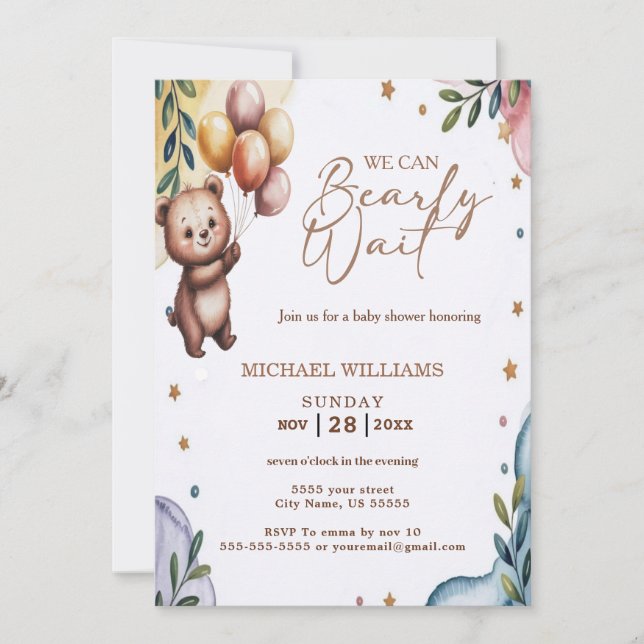 We Can Bearly Wait Blue Boy Baby Shower Invitation (Front)