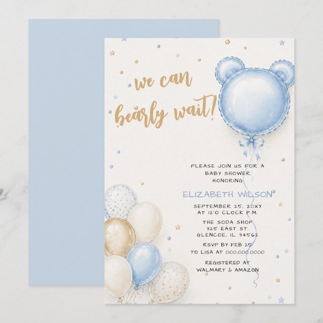 We Can Bearly Wait Blue Boy Baby Shower Invitation (Front/Back)