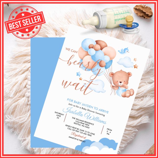 We Can Bearly Wait Blue Boy Baby Shower Invitation (Creator Uploaded)
