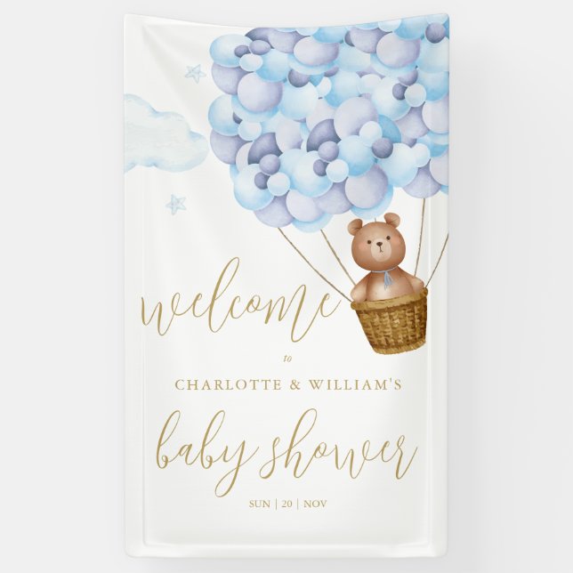 We Can Bearly Wait Blue Boy Baby Shower Welcome Banner (Vertical)