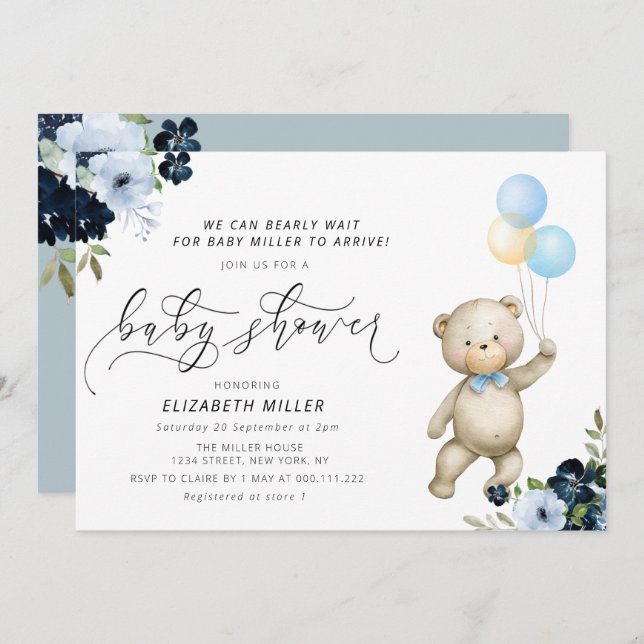 we can bearly wait blue floral baby shower invitation (Front/Back)