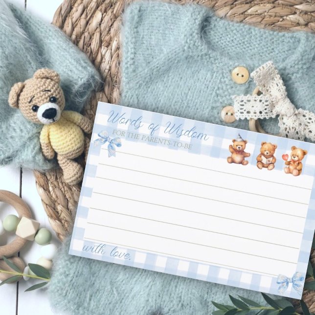 We Can Bearly Wait Blue Floral Gingham Advice Card (Creator Uploaded)