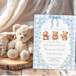 We Can Bearly Wait Blue Floral Gingham Baby Shower Invitation