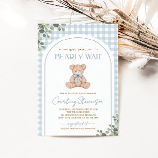 We Can Bearly Wait Blue Gingham Baby Shower Invitation