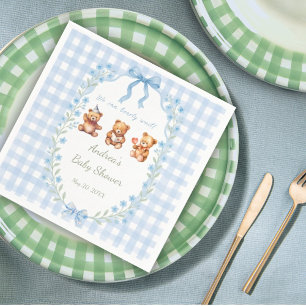 We Can Bearly Wait Blue Gingham Baby Shower Napkin
