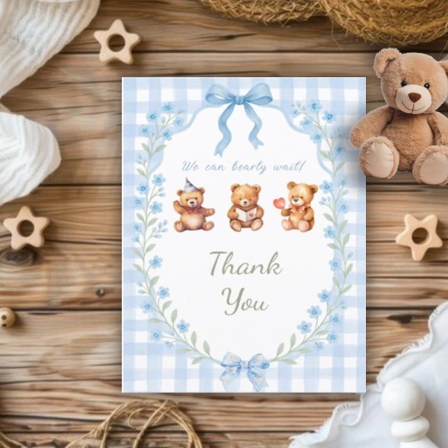 We Can Bearly Wait Blue Gingham Baby Shower  Thank You Card (Creator Uploaded)