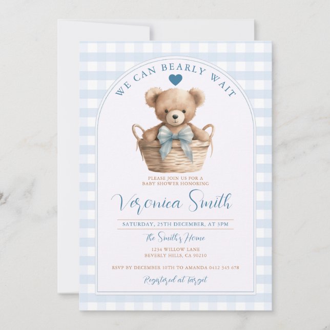 We can bearly wait Blue Gingham Bear Baby Shower Invitation (Front)