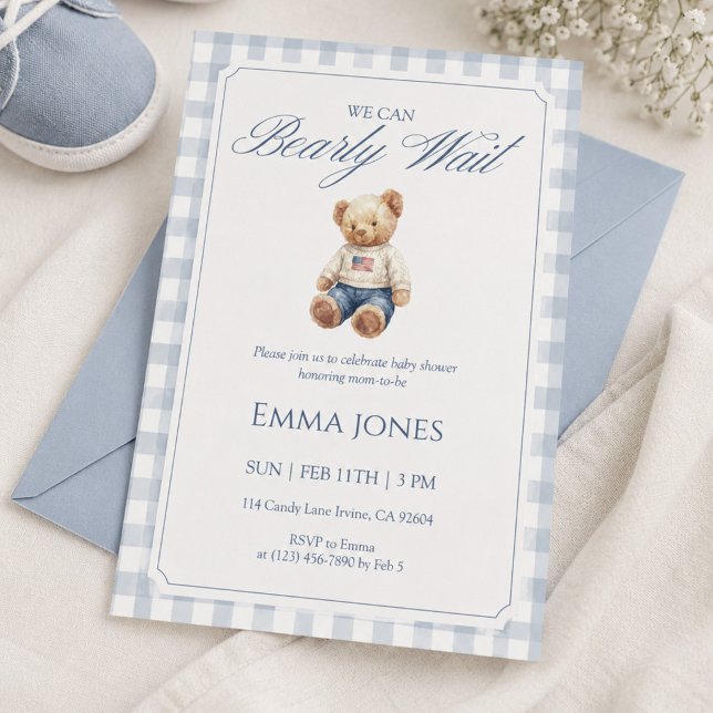 We Can Bearly Wait Blue Gingham pattern shower Invitation (Creator Uploaded)