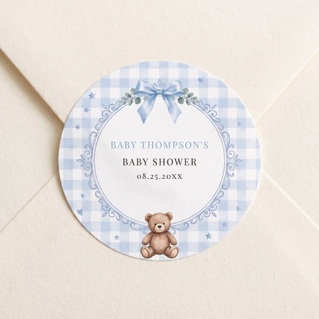 We Can Bearly Wait Blue Gingham Teddy Bear Classic Round Sticker (We Can Bearly Wait Blue Gingham Teddy Bear Classic Round Sticker)