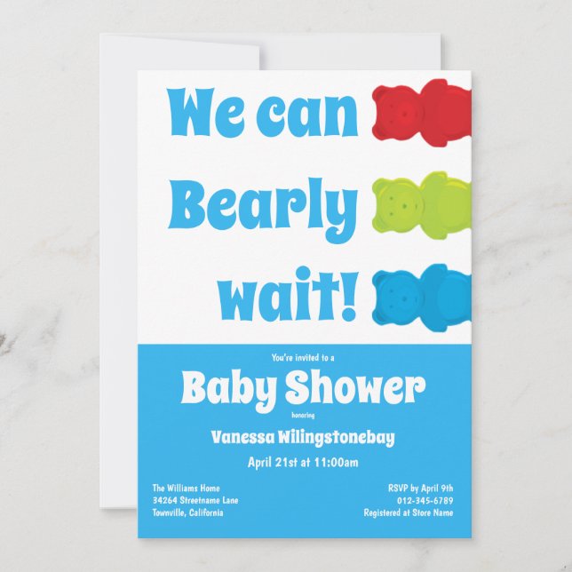 We Can Bearly Wait Blue Gummy Bear Baby Shower Invitation (Front)