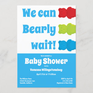 We Can Bearly Wait Blue Gummy Bear Baby Shower Invitation