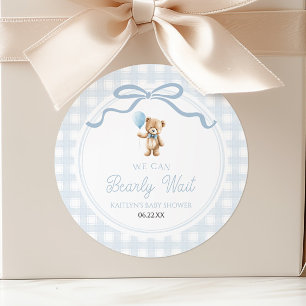 We Can Bearly Wait Blue Teddy Bear Baby Shower Classic Round Sticker