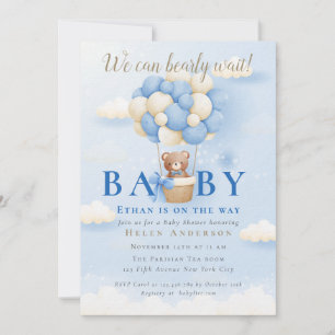 We can Bearly Wait Blue Teddy Bear Baby Shower Inv Invitation