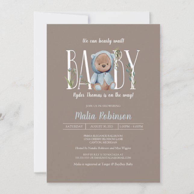 We Can Bearly Wait! Blue Teddy Bear Baby Shower Invitation (Front)
